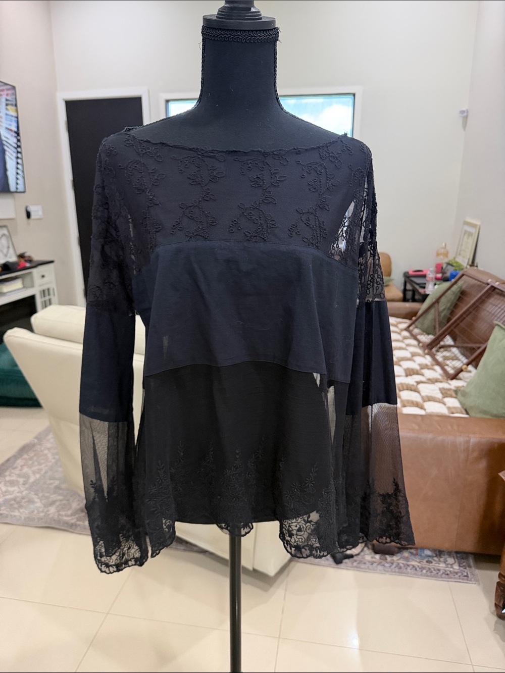 Free People Black Sheer Lace Panel Top